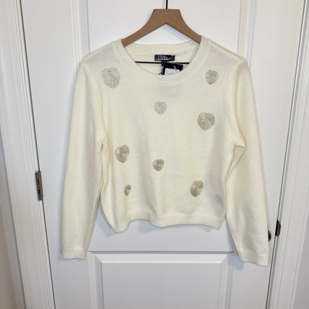 Nicole Miller Long Sleeve Cropped Sweater Beaded Silver Hearts‎ Women's Size M